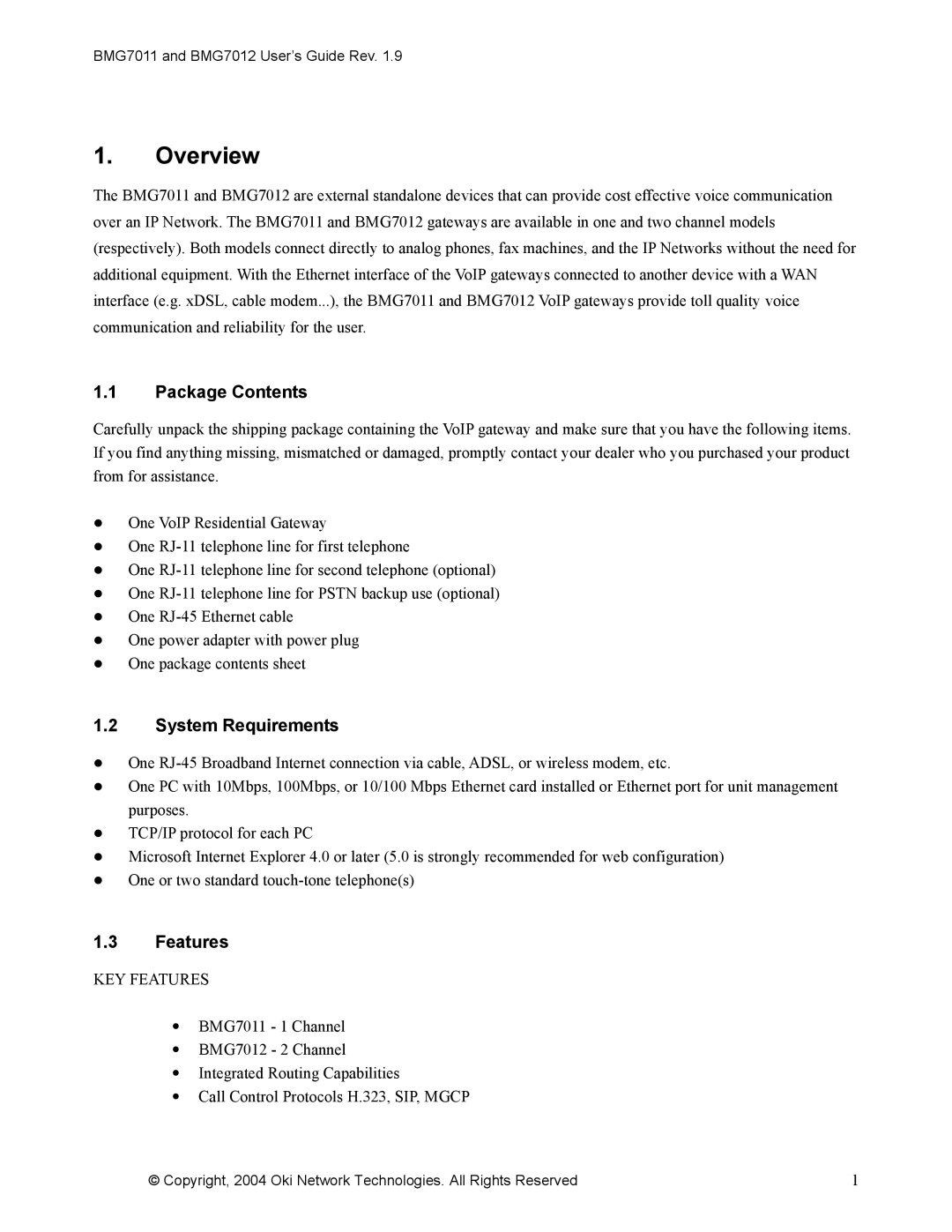 Oki BMG7011, BMG7012 manual Package Contents, System Requirements, Features 