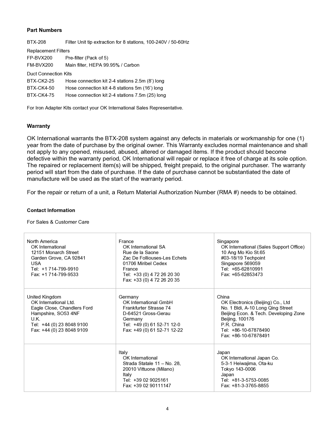 Oki BTX-208 warranty Part Numbers, Warranty, Contact Information 