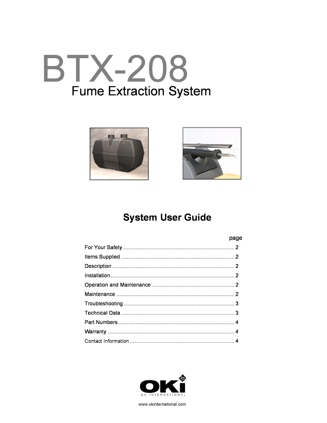 Oki BTX-208 warranty Fume Extraction System, System User Guide 