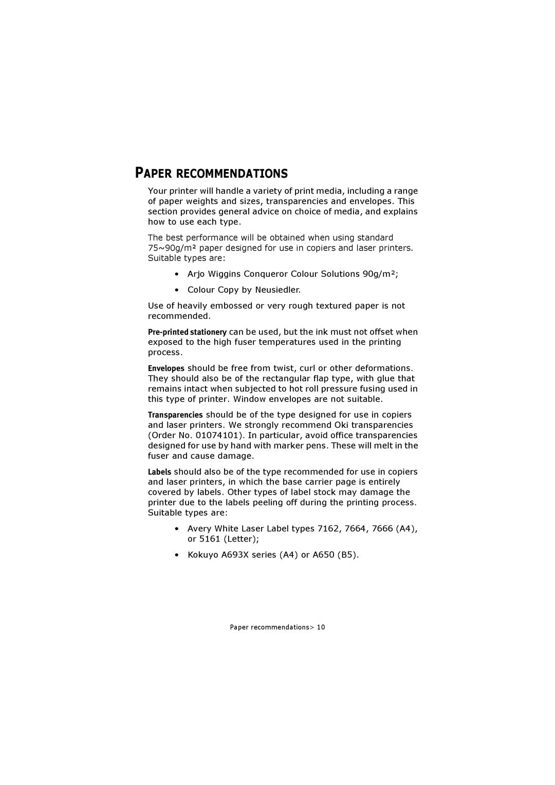 Oki C5250 manual Paper Recommendations 