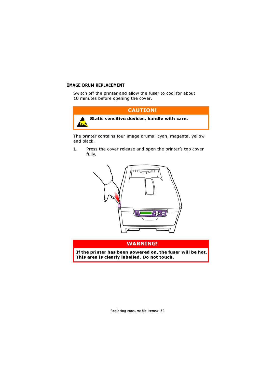 Oki C5250 manual Image Drum Replacement, Static sensitive devices, handle with care 