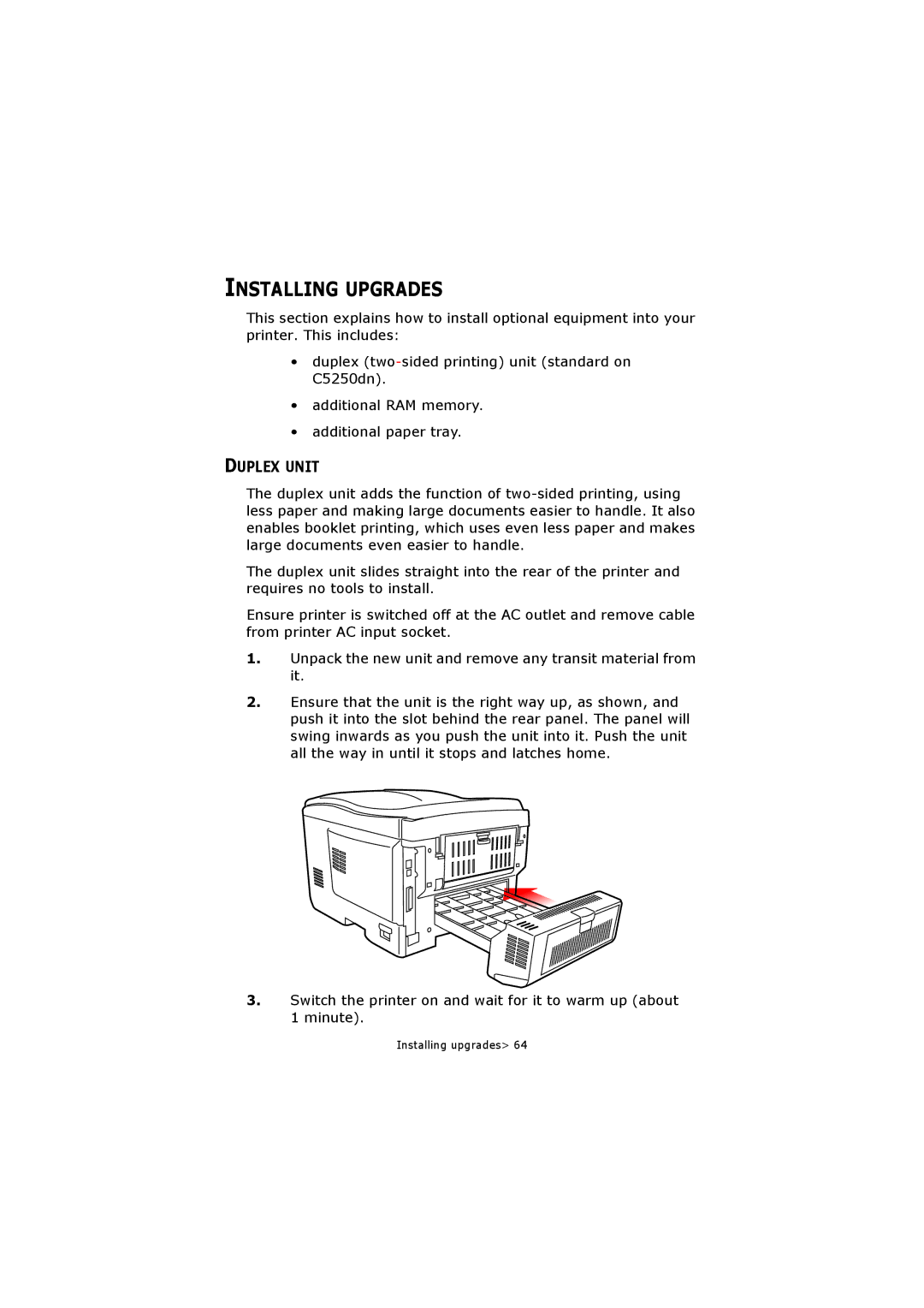 Oki C5250 manual Installing Upgrades, Duplex Unit 