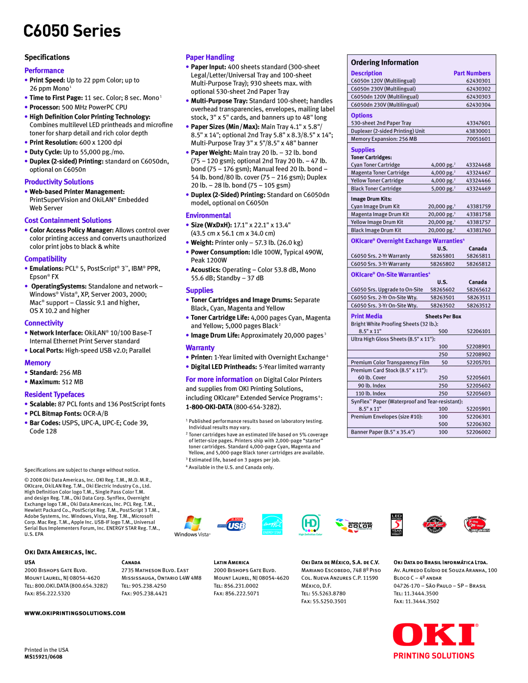 Oki C6050 Series Performance, Productivity Solutions, Cost Containment Solutions, Compatibility, Connectivity, Memory 