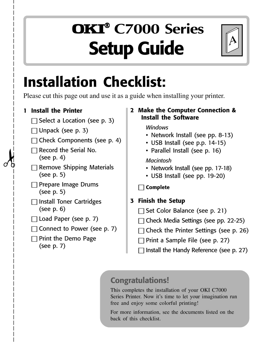 Oki C7000 setup guide Setup Guide, Network Install see pp -18 h USB Install see pp Complete 