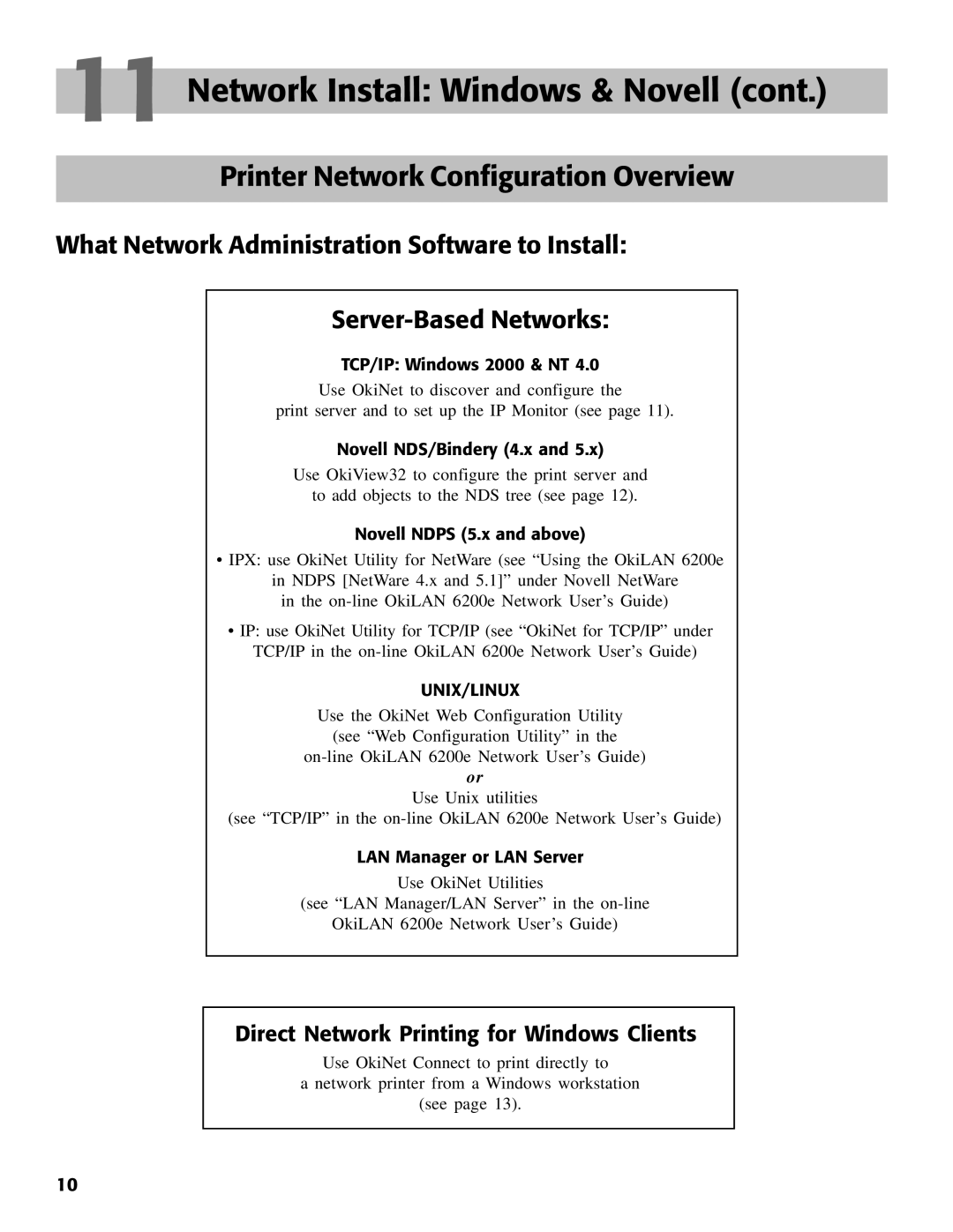 Oki C7000 setup guide Printer Network Configuration Overview, TCP/IP Windows 2000 & NT, Novell NDS/Bindery 4.x 