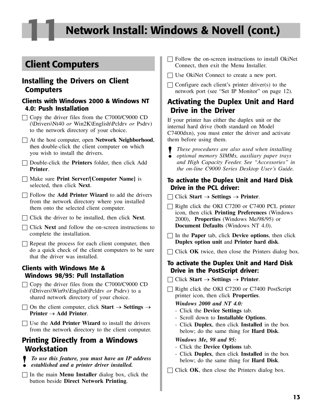 Oki C7000 Client Computers, Clients with Windows Me & Windows 98/95 Pull Installation, Click Start Settings Printer 