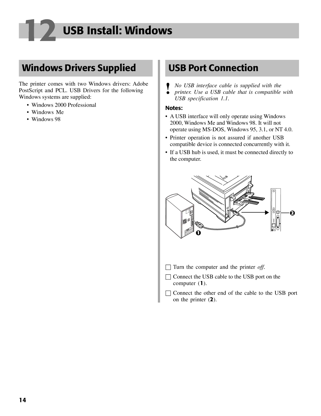 Oki C7000 setup guide USB Install Windows, Windows Drivers Supplied, USB Port Connection 