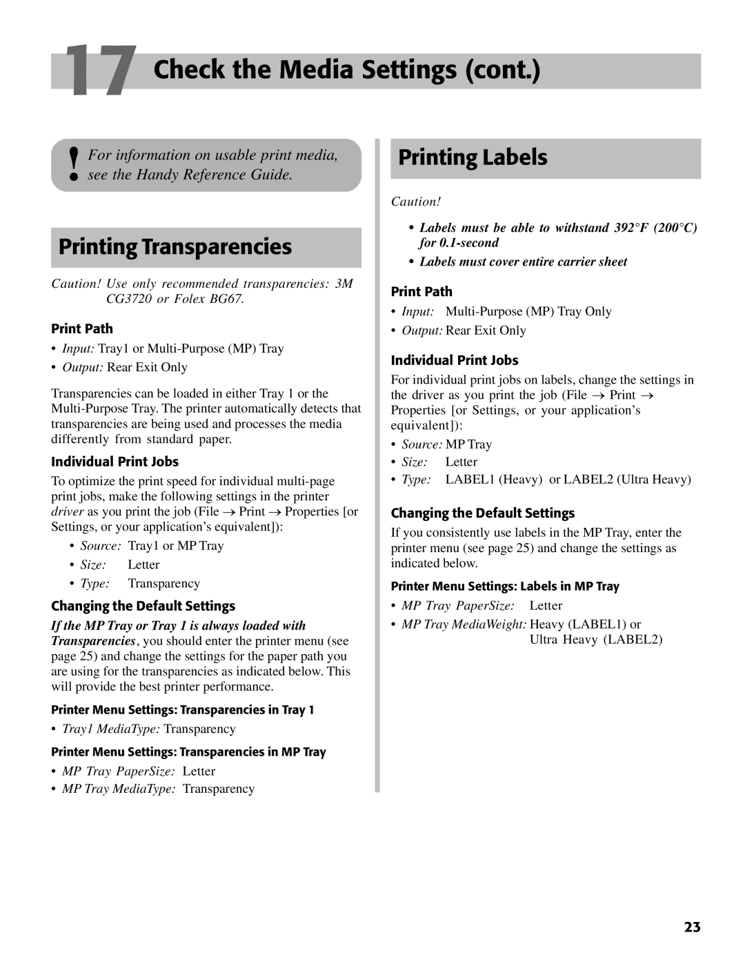 Oki C7000 setup guide Printing Transparencies, Printing Labels, Print Path, Changing the Default Settings 