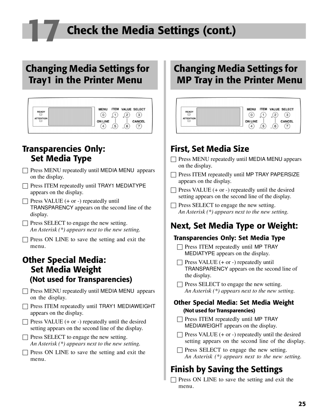 Oki C7000 Changing Media Settings for Tray1 in the Printer Menu, Changing Media Settings for MP Tray in the Printer Menu 