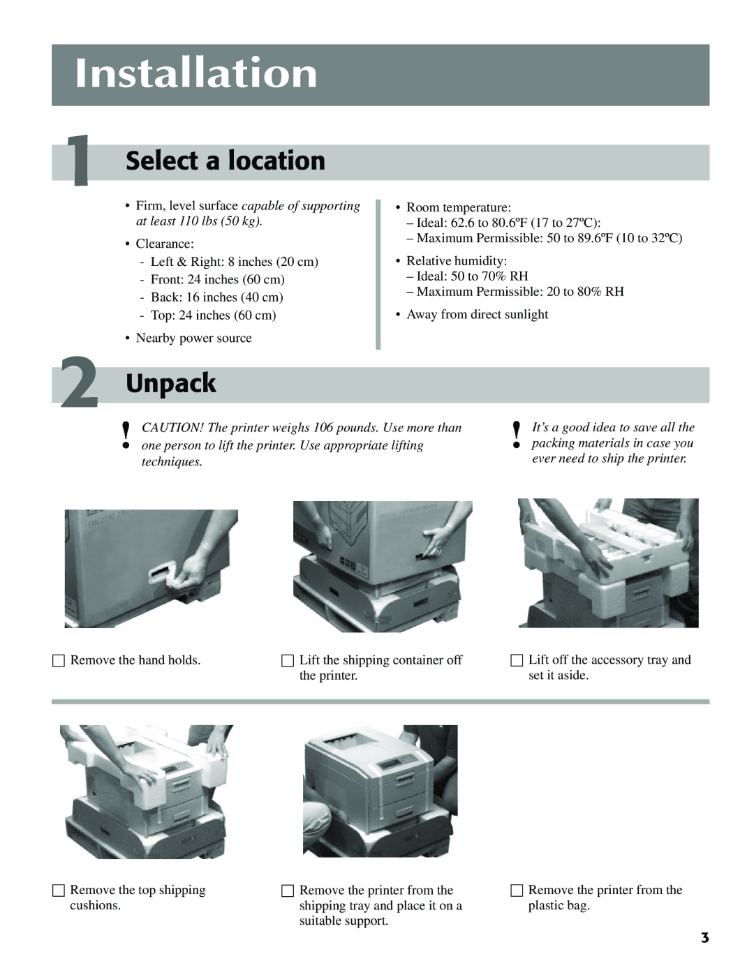 Oki C7000 setup guide Select a location, Unpack 