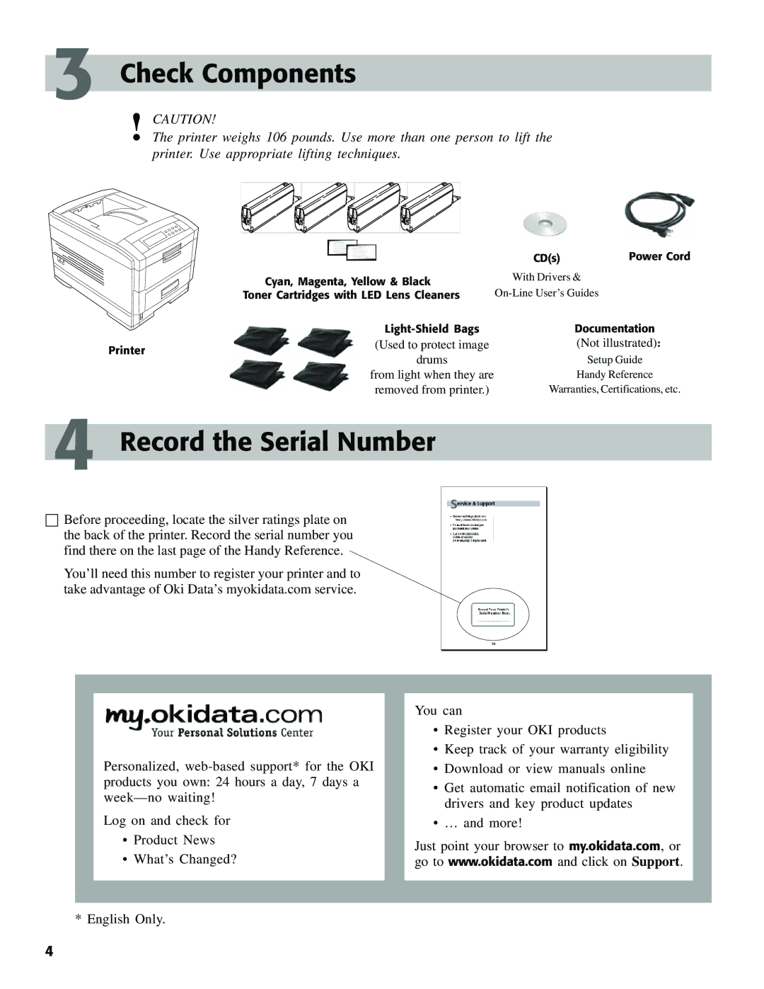 Oki C7000 setup guide Check Components, Record the Serial Number 