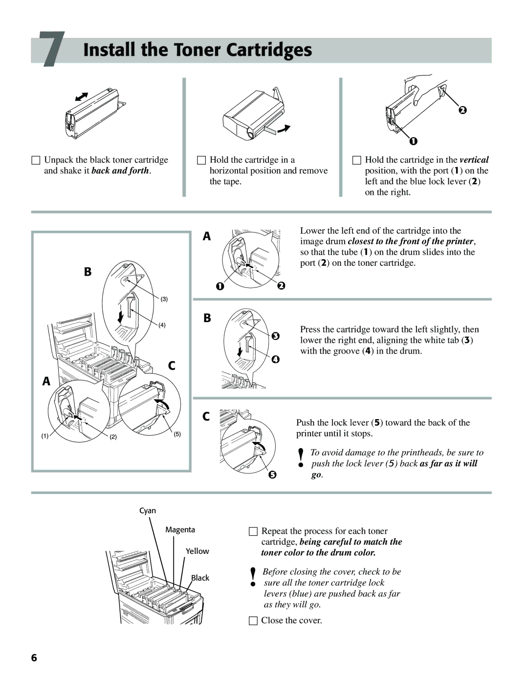 Oki C7000 setup guide Install the Toner Cartridges, Image drum closest to the front of the printer 