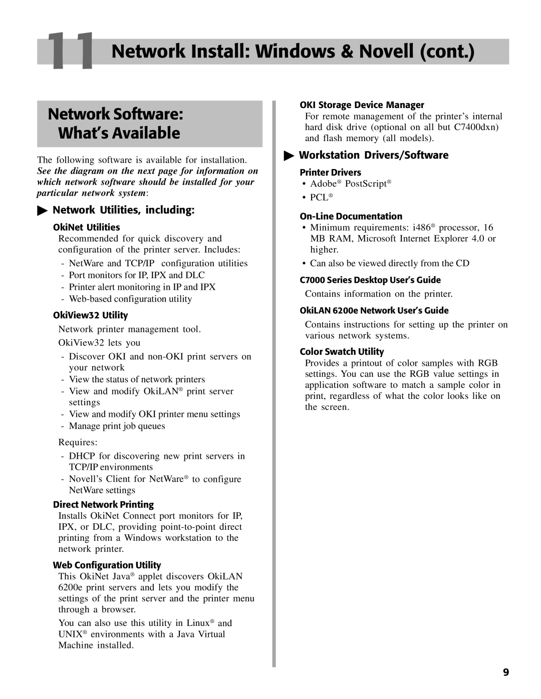 Oki C7000 setup guide Network Software What’s Available, Network Utilities, including, Workstation Drivers/Software 