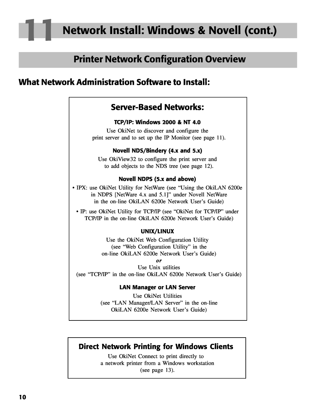 Oki C7000 Printer Network Configuration Overview, What Network Administration Software to Install Server-Based Networks 