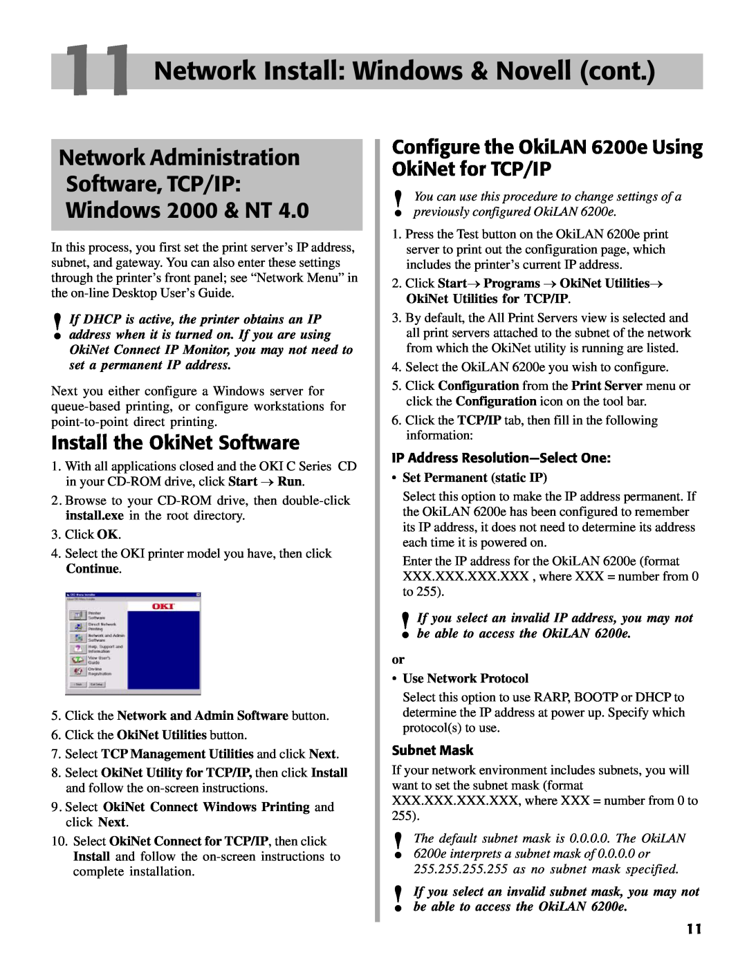 Oki C7000 Network Administration Software, TCP/IP Windows 2000 & NT, Install the OkiNet Software, Set Permanent static IP 