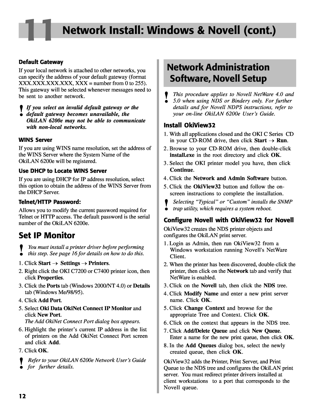 Oki C7000 setup guide Network Administration Software, Novell Setup, Set IP Monitor, Network Install Windows & Novell cont 