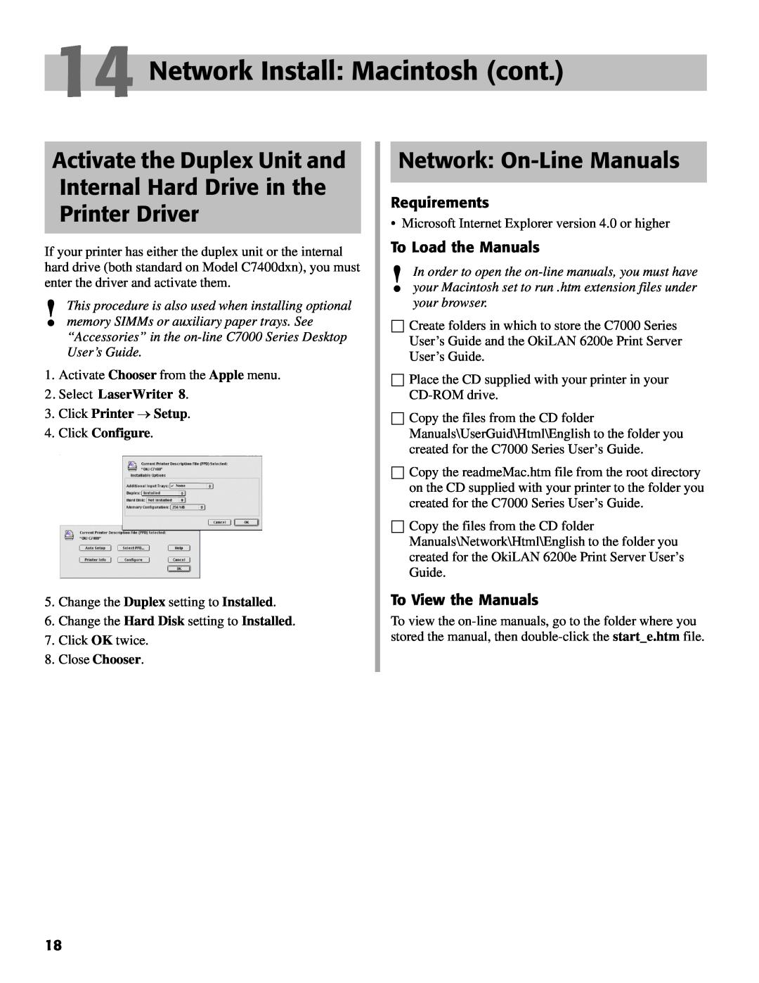 Oki C7000 Network Install Macintosh cont, Network On-Line Manuals, Activate the Duplex Unit and Internal Hard Drive in the 