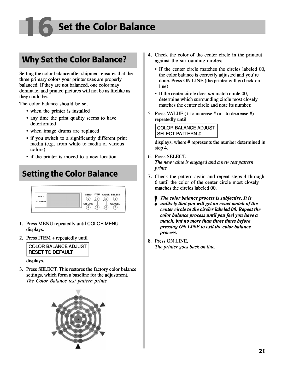 Oki C7000 setup guide Why Set the Color Balance?, Setting the Color Balance, The printer goes back on line 