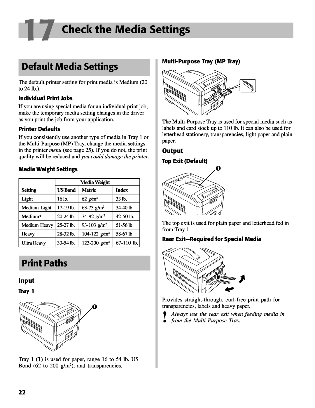 Oki C7000 setup guide Check the Media Settings, Default Media Settings, Print Paths, Input, Output 
