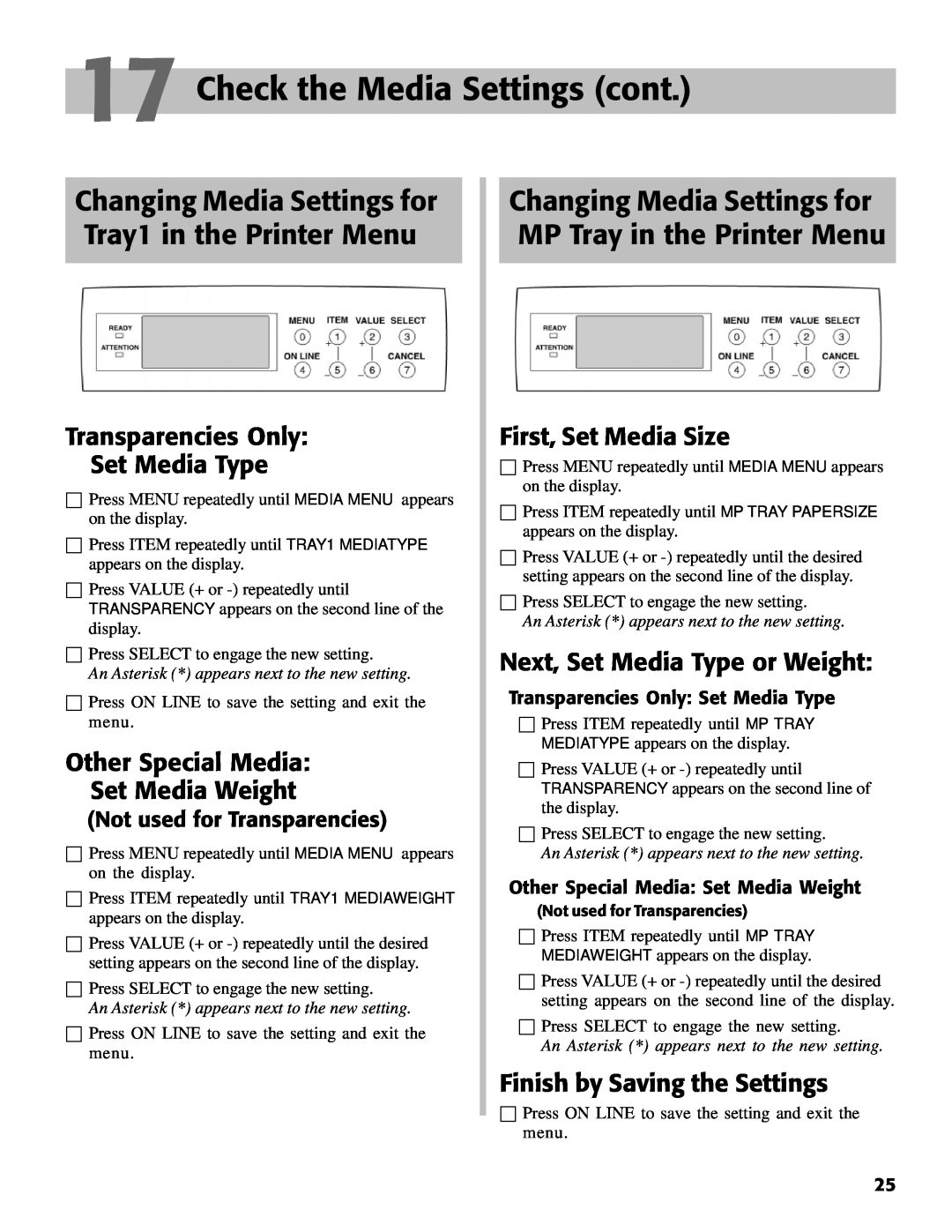 Oki C7000 Changing Media Settings for Tray1 in the Printer Menu, Changing Media Settings for MP Tray in the Printer Menu 