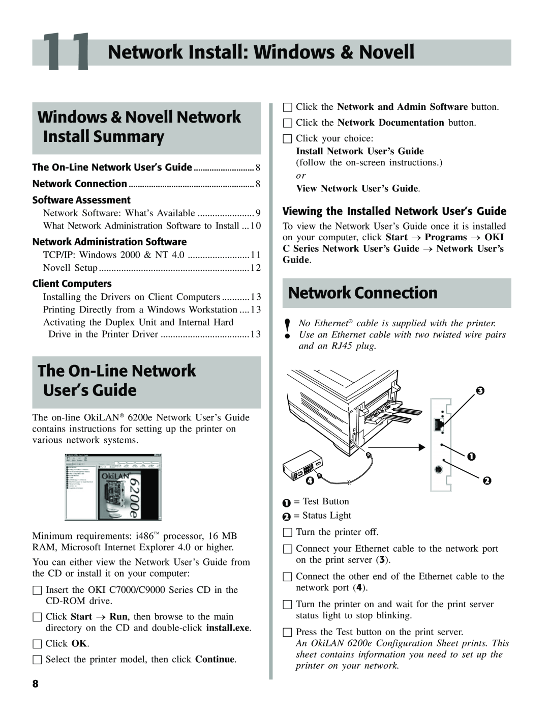 Oki C7000 Network Install Windows & Novell, Windows & Novell Network, Install Summary, The On-Line Network User’s Guide 