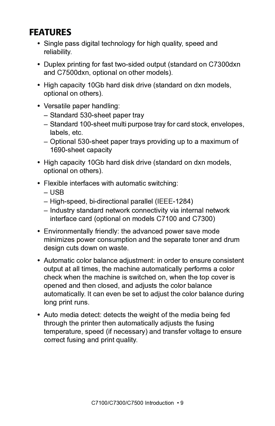 Oki C7100, C7300 manual Features, Usb 