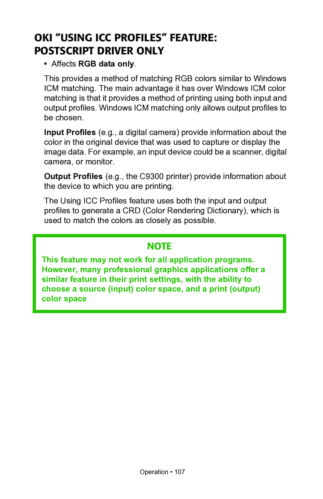 Oki C7100, C7300 manual OKI Using ICC Profiles Feature Postscript Driver only, Affects RGB data only 