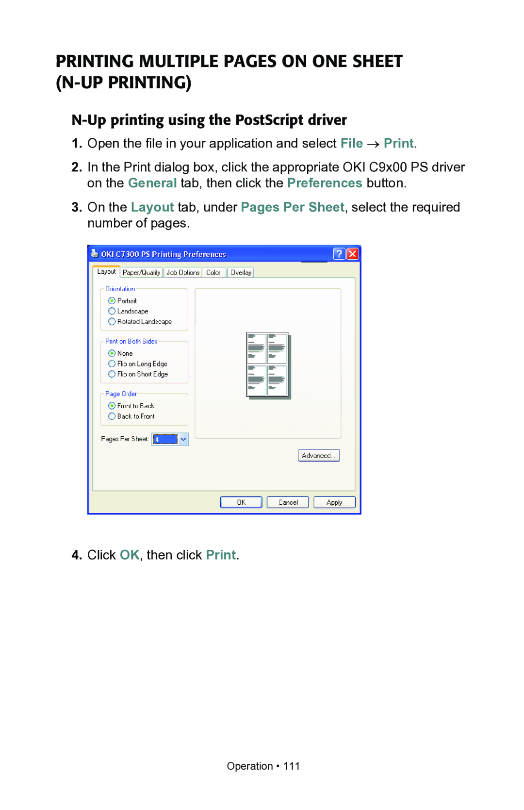 Oki C7100, C7300 manual Printing Multiple Pages on ONE Sheet N-UP Printing, Up printing using the PostScript driver 