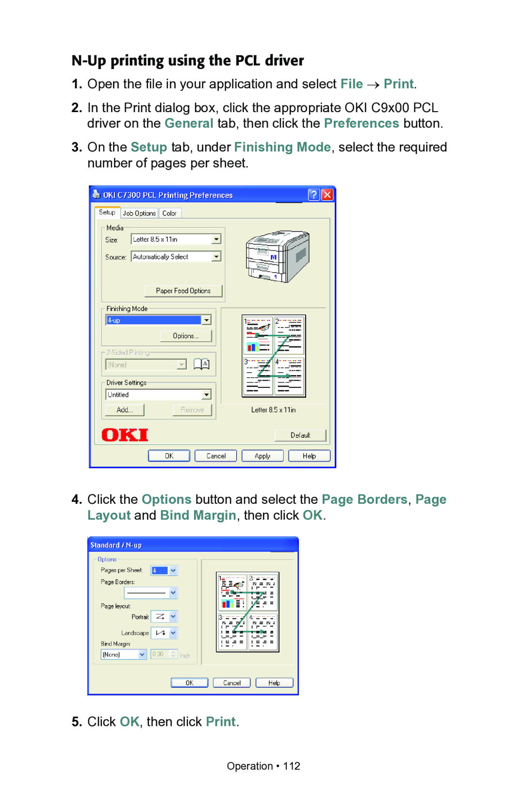 Oki C7300, C7100 manual Up printing using the PCL driver 