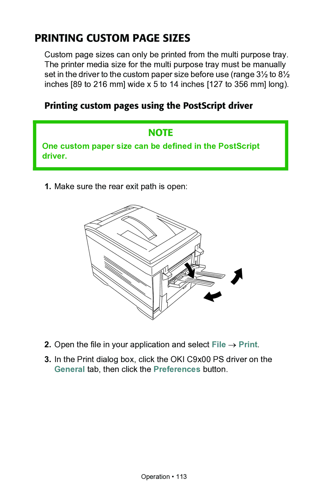 Oki C7100, C7300 manual Printing Custom page Sizes, Printing custom pages using the PostScript driver 