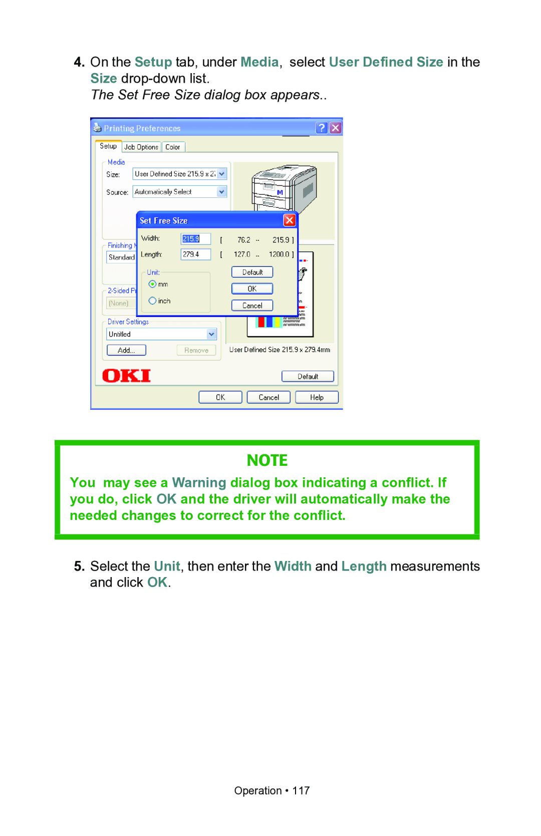 Oki C7100, C7300 manual Set Free Size dialog box appears 