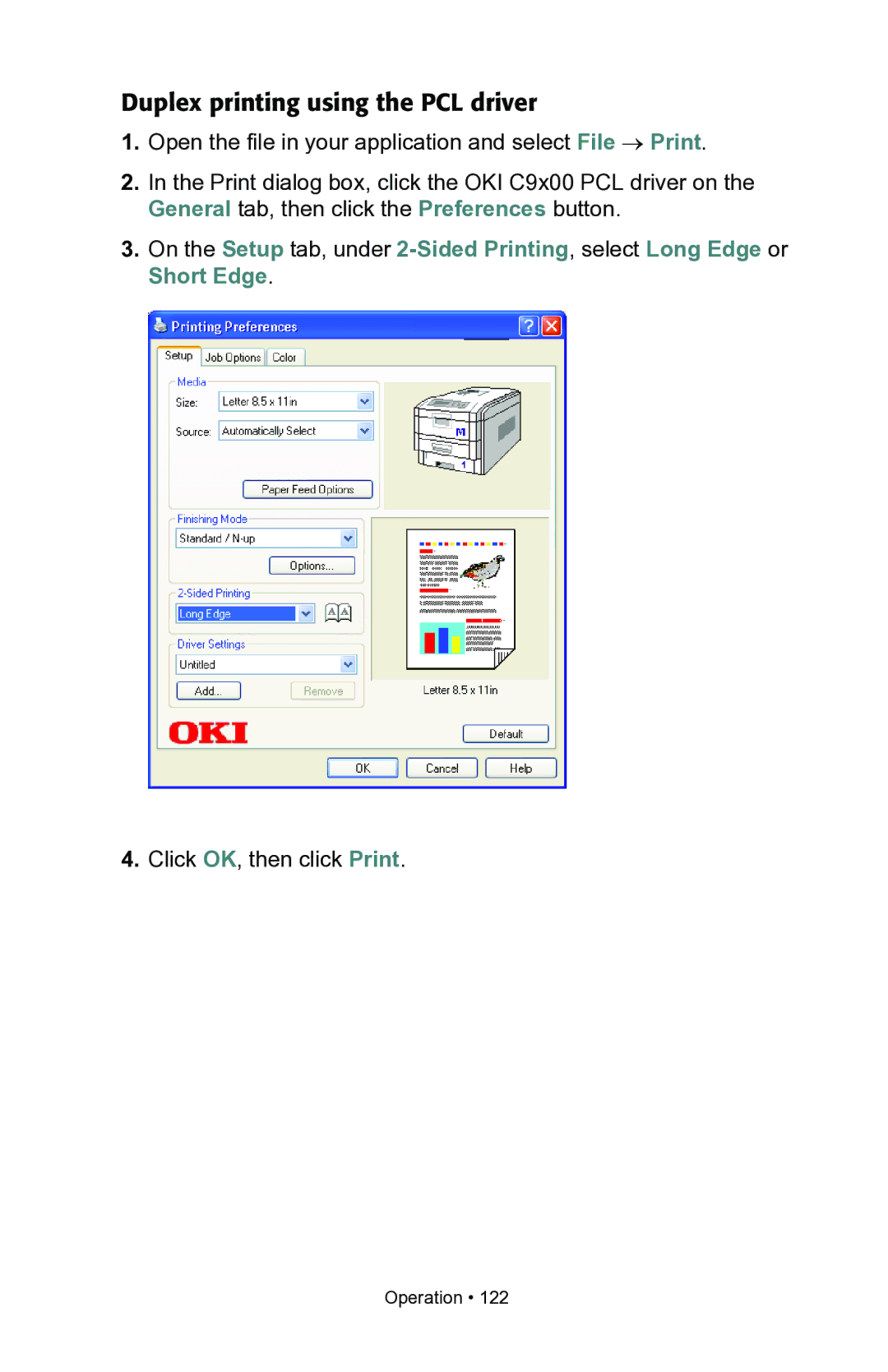 Oki C7300, C7100 manual Duplex printing using the PCL driver 