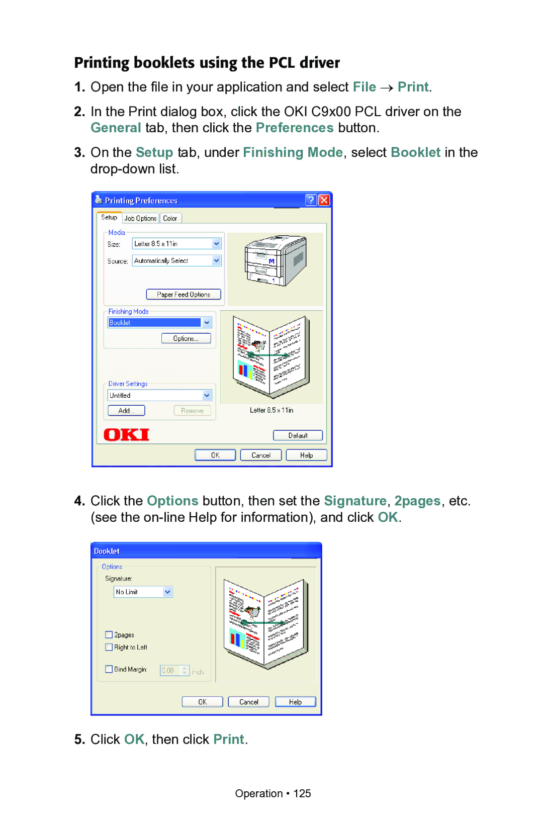 Oki C7100, C7300 manual Printing booklets using the PCL driver 