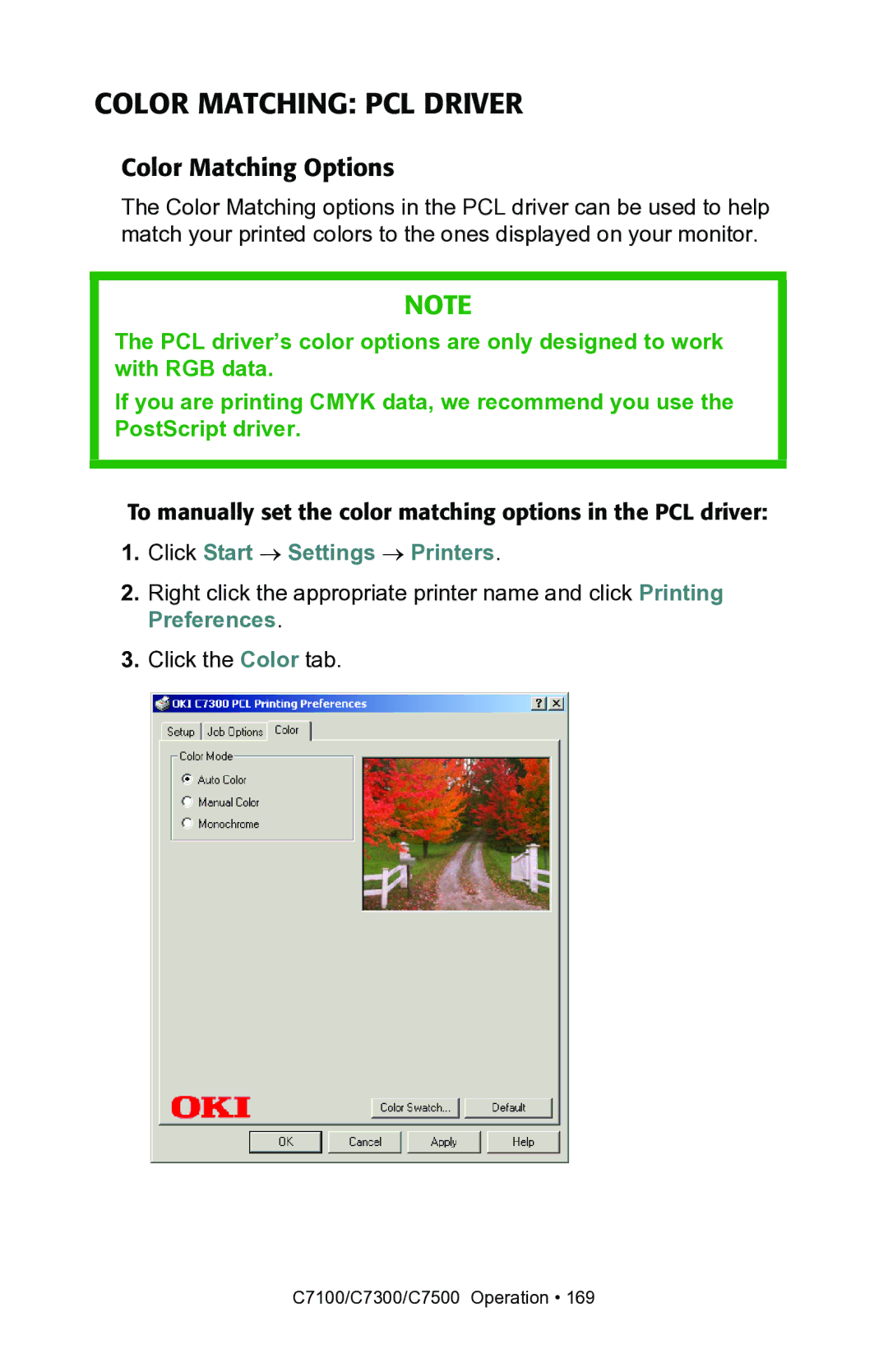 Oki C7100, C7300 manual Color Matching PCL Driver 