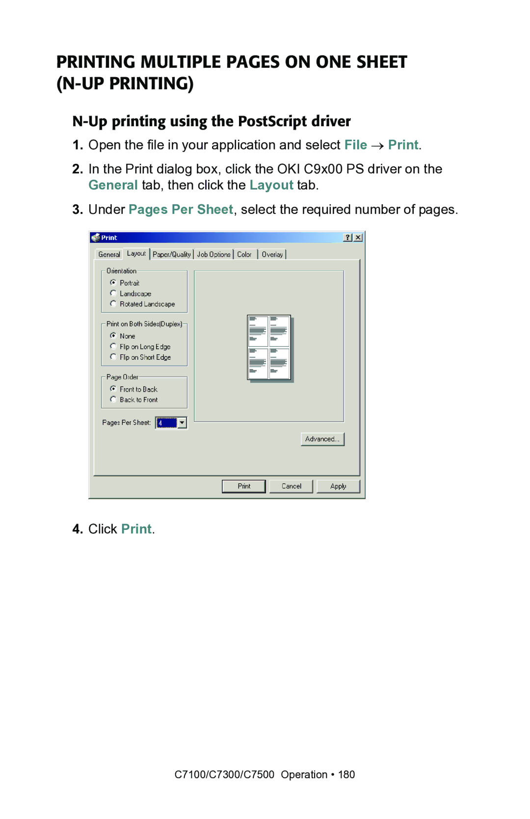 Oki C7300, C7100 manual Printing Multiple Pages on ONE Sheet N-UP Printing 