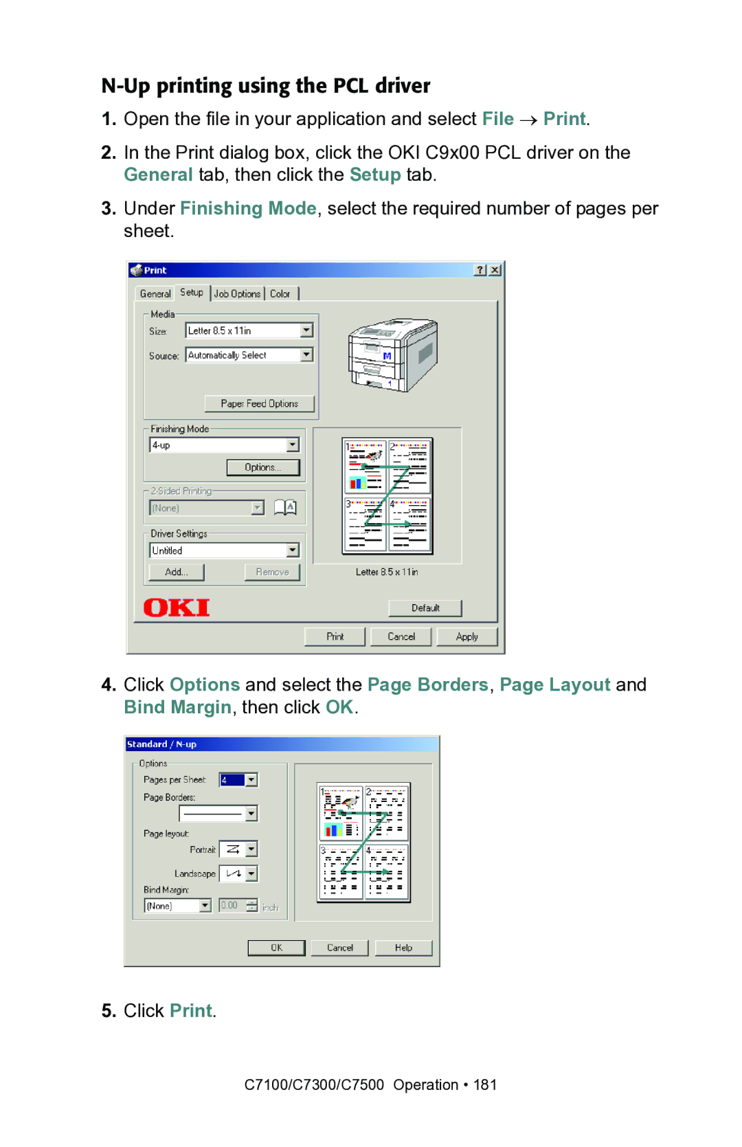 Oki C7100, C7300 manual Up printing using the PCL driver 