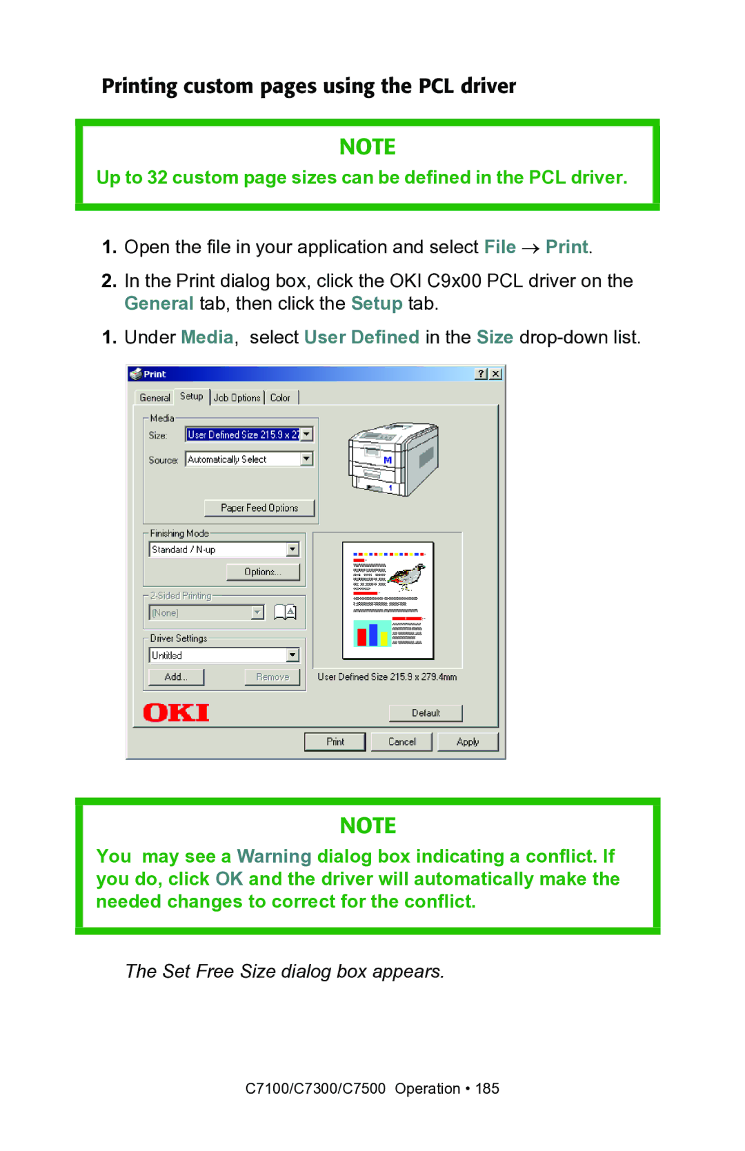 Oki C7100, C7300 manual Printing custom pages using the PCL driver 