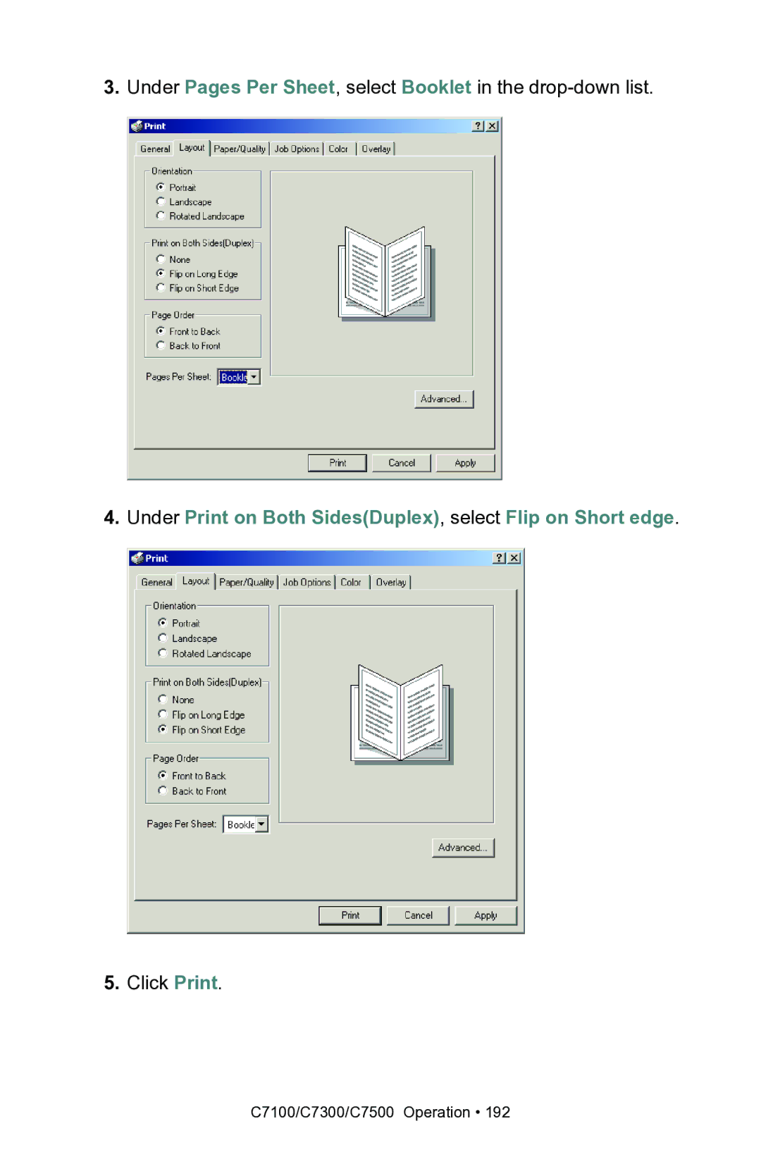 Oki C7300, C7100 manual Under Print on Both SidesDuplex, select Flip on Short edge 