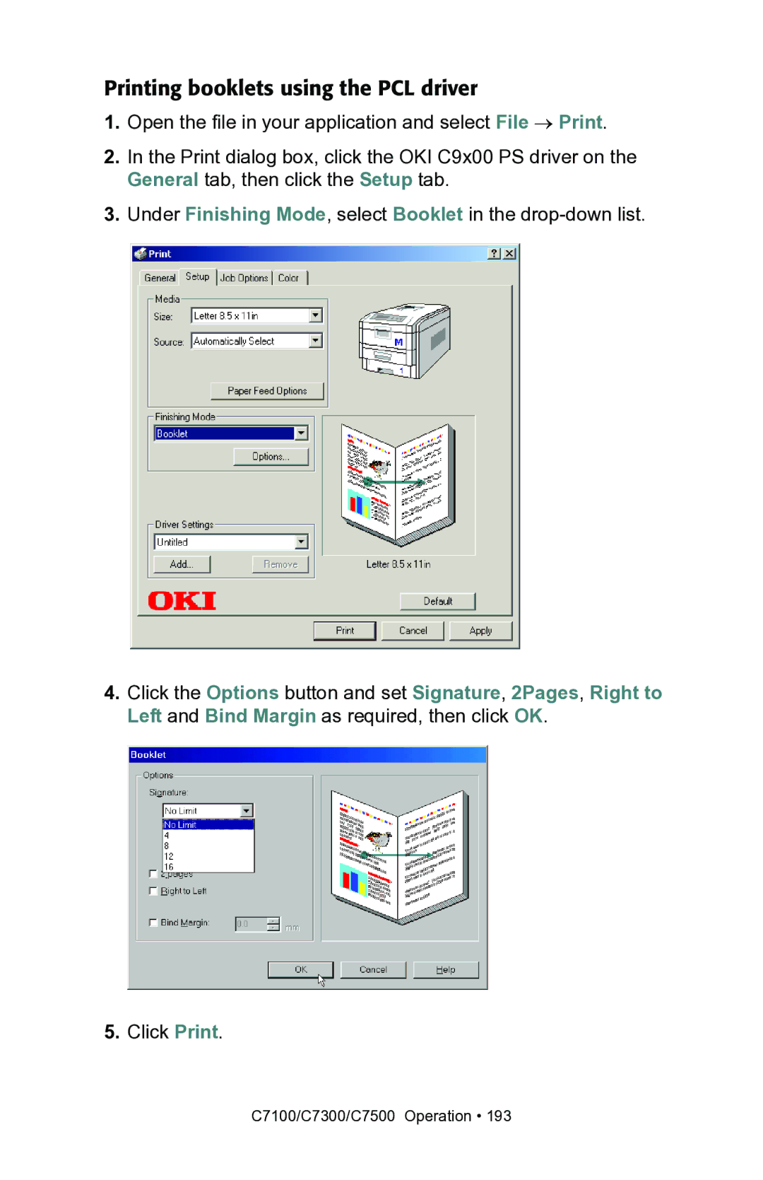 Oki C7100, C7300 manual Printing booklets using the PCL driver 