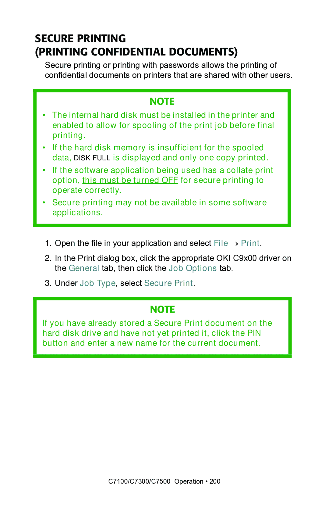 Oki C7300, C7100 manual Secure Printing Printing Confidential Documents 