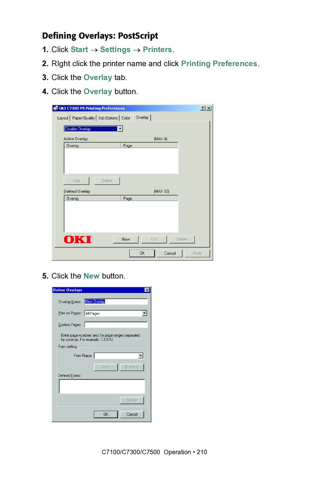 Oki C7300, C7100 manual Defining Overlays PostScript 