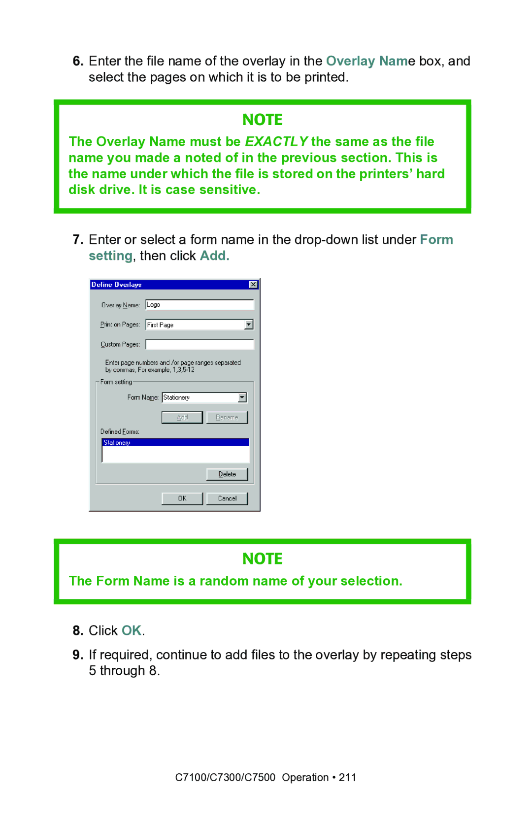 Oki C7100, C7300 manual Form Name is a random name of your selection 