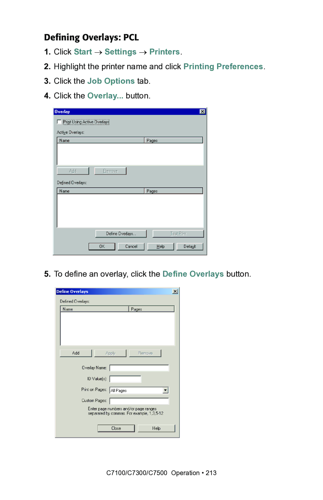 Oki C7100, C7300 manual Defining Overlays PCL 