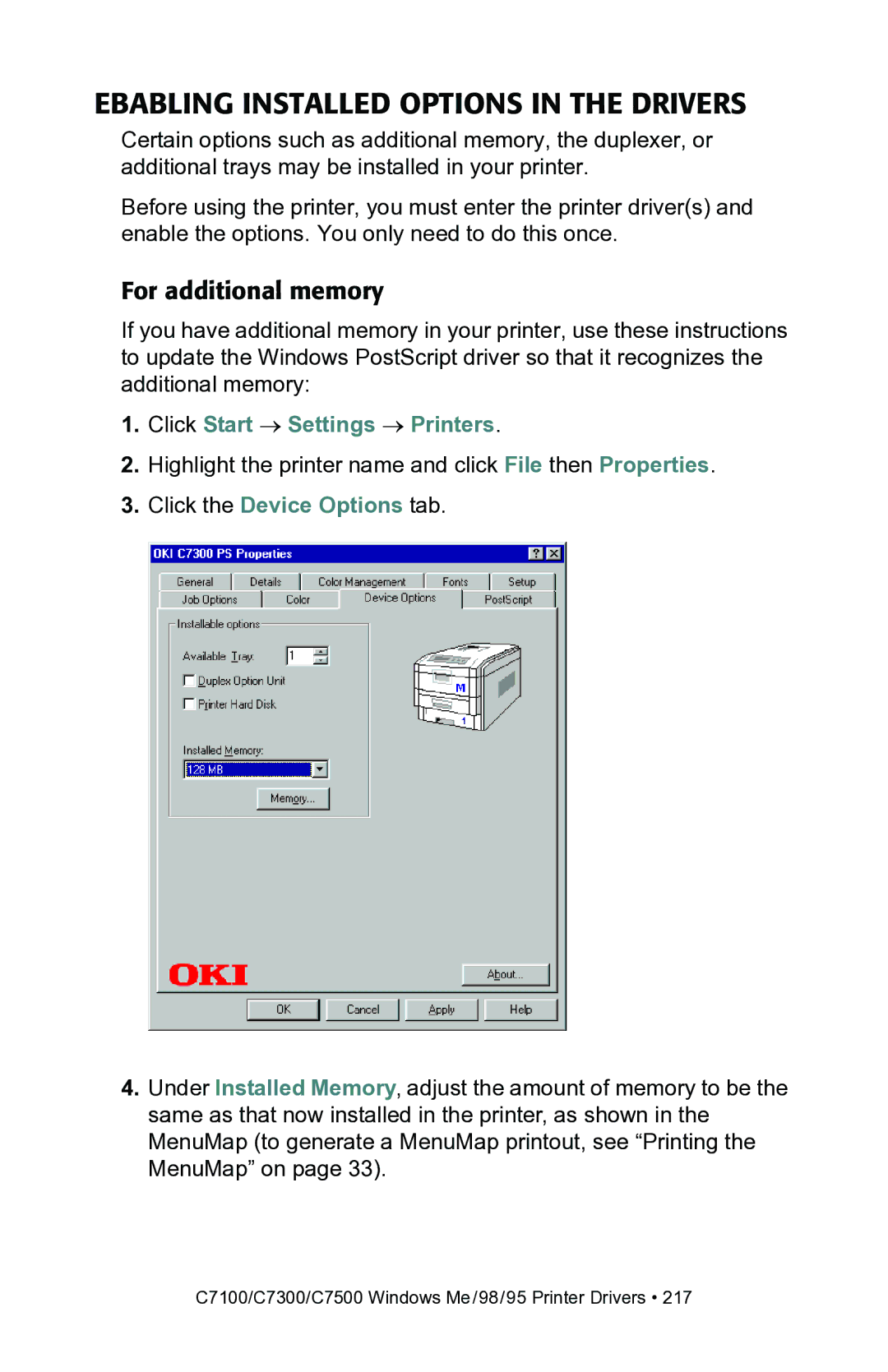 Oki C7100, C7300 manual Ebabling Installed Options in the Drivers, Click the Device Options tab 