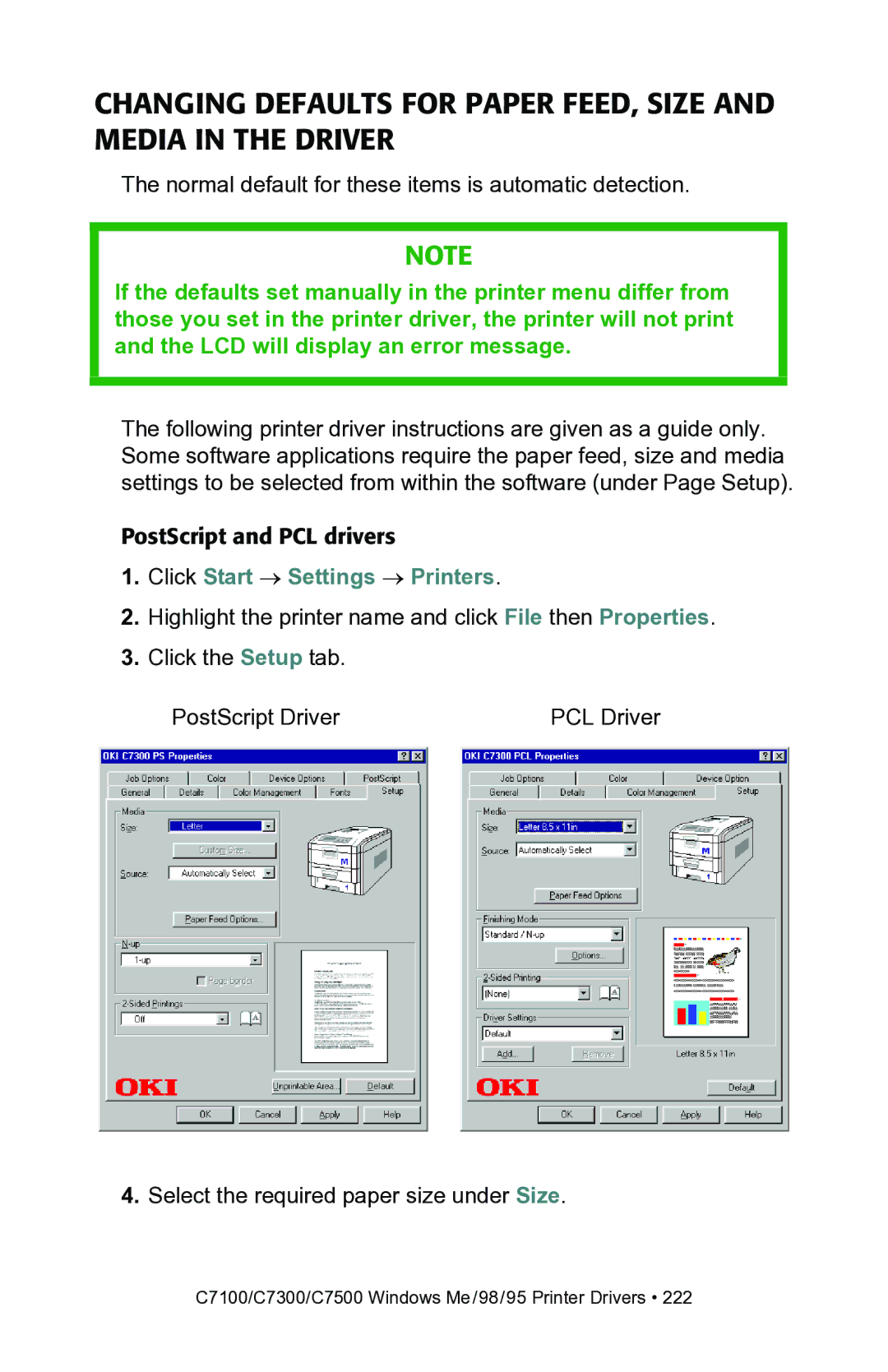 Oki C7300, C7100 manual Normal default for these items is automatic detection 