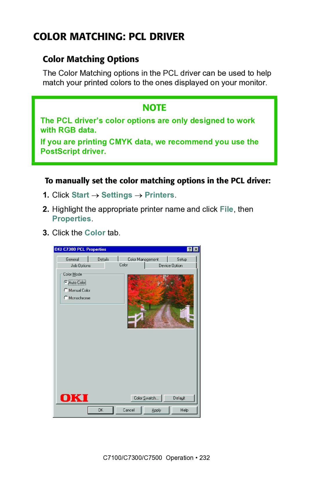 Oki C7300, C7100 manual Color Matching PCL Driver 