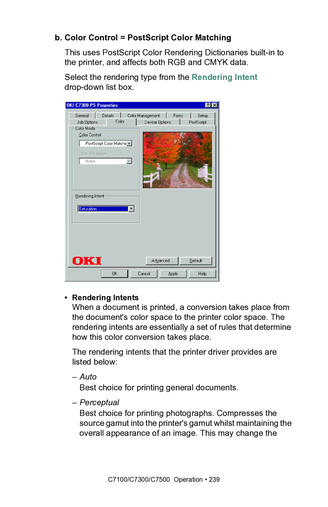 Oki C7100, C7300 manual Color Control = PostScript Color Matching 