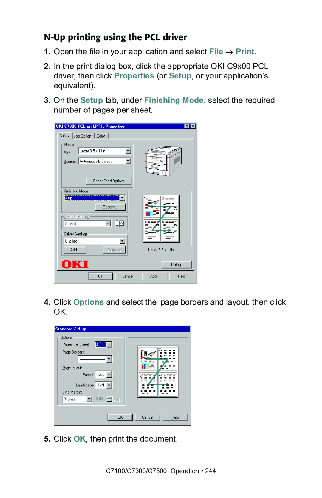 Oki C7300, C7100 manual Up printing using the PCL driver 