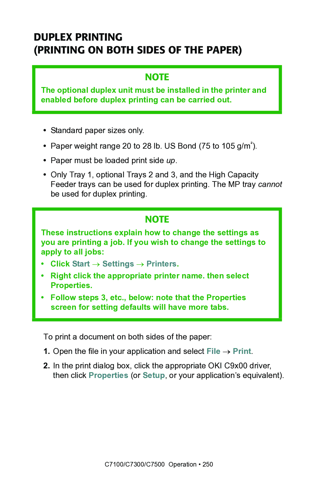 Oki C7300, C7100 manual Duplex Printing Printing on Both Sides of the Paper 