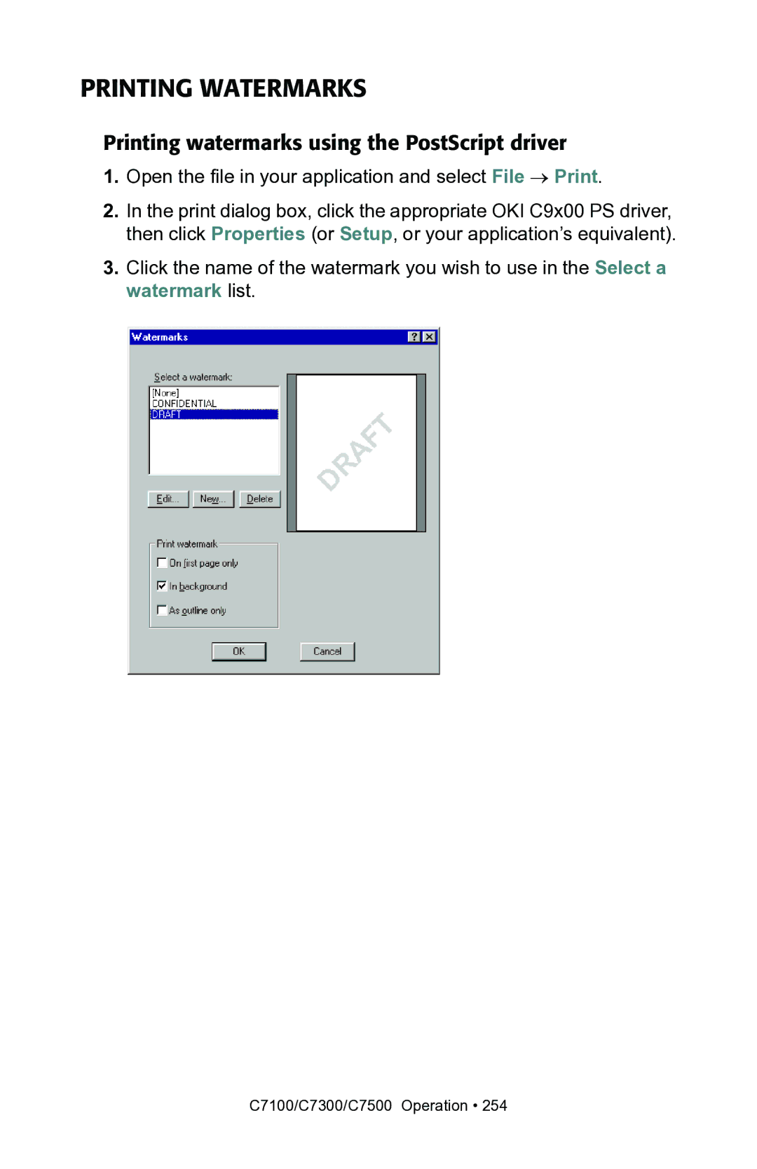 Oki C7300, C7100 manual Printing Watermarks, Printing watermarks using the PostScript driver 